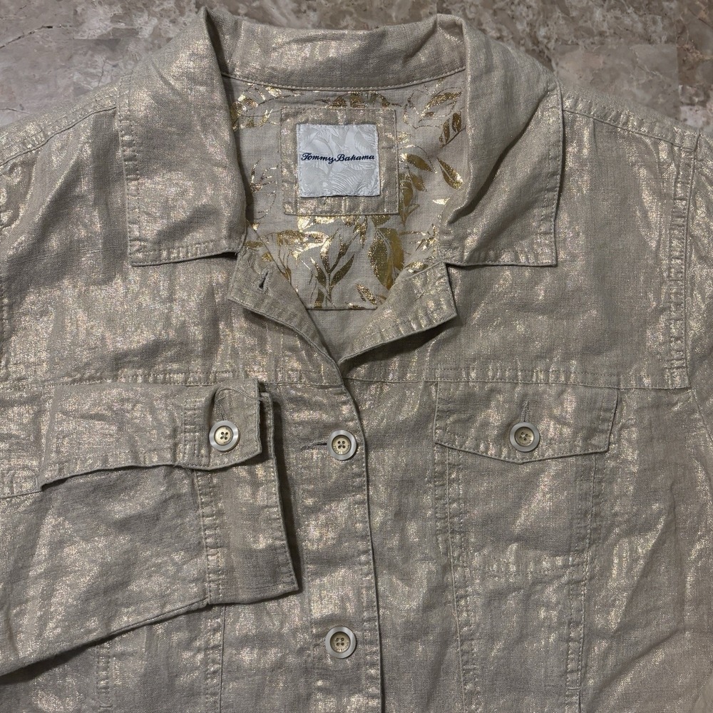 Tommy Bahama Jacket Womens XL Gold Metallic 100% Linen Trucker Beach Resort